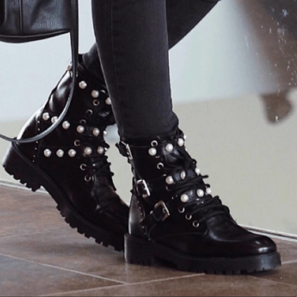 Zara Black Combat Boots with Pearl Studs